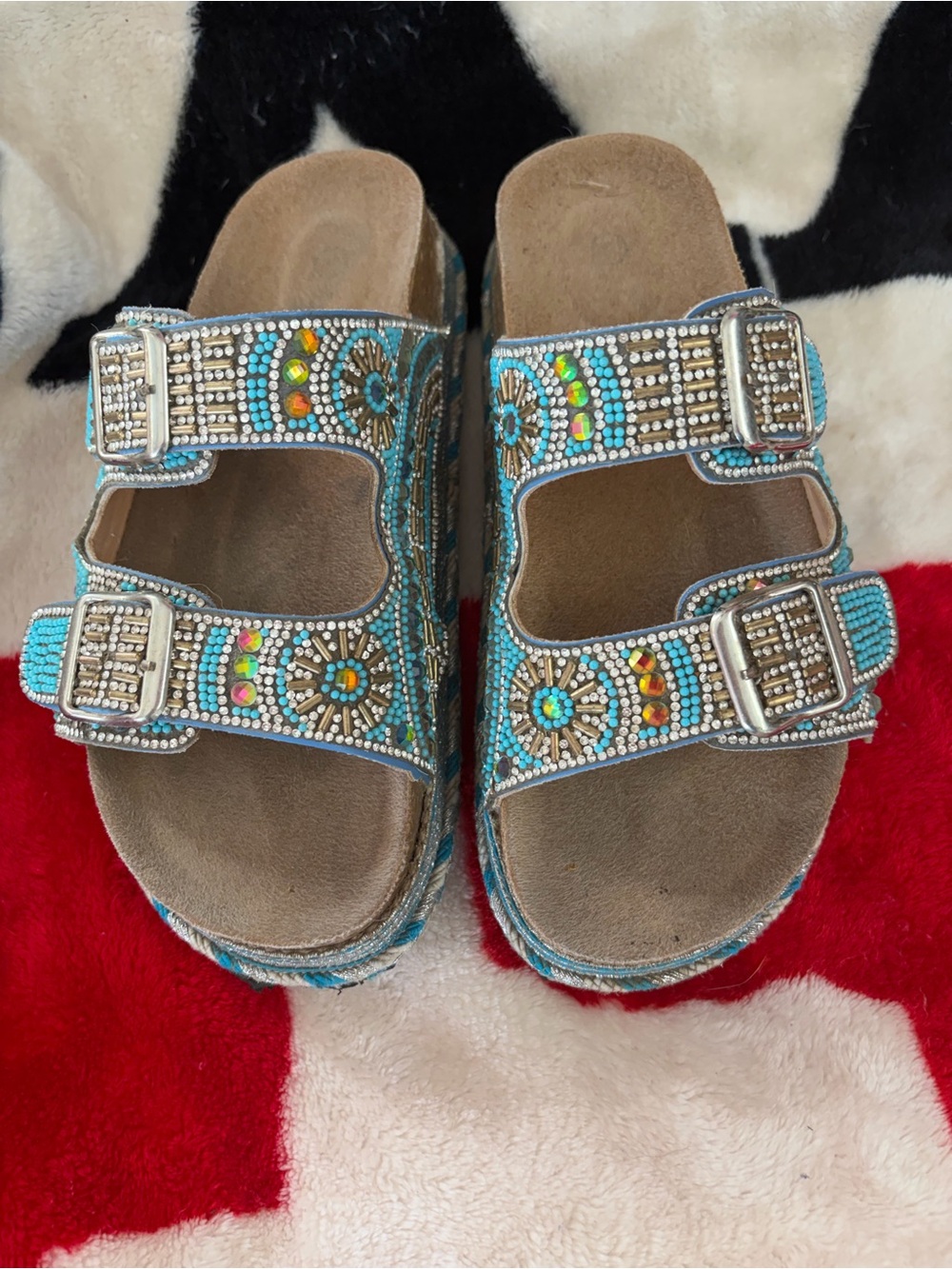 Beaded Turquoise Double-Buckle Kids Sandals 6.5
